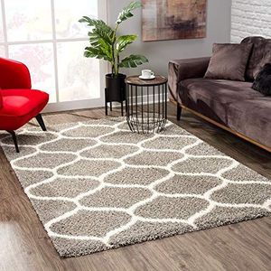 SANAT Madrid Shaggy hoogpolig tapijt voor woonkamer, slaapkamer, keuken, Morocco grijs, maat: 120 x 170 cm