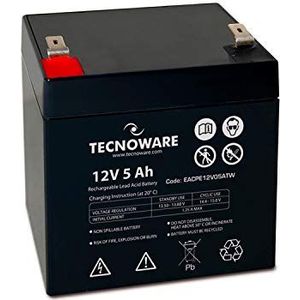 Tecnoware Loodaccu 12V 5Ah capaciteit voor omvormers, videobewakingssystemen en alarm, 6,3mm Faston kabelschoen 9x10x7cm