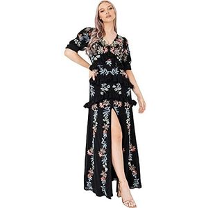 Maya Deluxe Maya Deluxe Damesjurk voor dames, maxi-jurk, korte mouwen, bloemen, versiering, bruiloft, gala, bruidsmeisje, elegant, zwart, jurk voor dames (1 stuk), zwart.