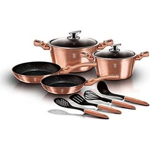 Berlinger Haus Rose Gold Inductiekookgerei, 10-delig, antiaanbaklaag, marmer, PFOA-vrij, aluminium, set met 2 potten, 2 glazen deksels, 2 pannen, 4 keukengerei Design Metallic Line