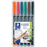 Staedtler Lumocolor Permanent 313, permanente vitstift voor alle oppervlakken, xyleen en tolueen, set met 6 heldere kleuren, ronde punt 0,4 mm, 313 WP6