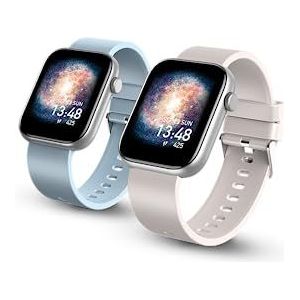 SPC Smartee Duo Smartwatch met verwisselbare armband, 1,8 inch groot display, 21 sportmodi, 7 dagen batterij, IP68, hartslag, Android en iOS, beige/hemelsblauw