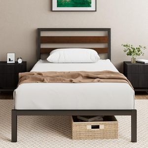 Zinus Kai Bed 90 x 200 cm - 80 cm hoog - duurzaam bedframe van bamboe en metaal met hoofdeinde - metalen bed met lattenbodem - ruimte onder bed - eenvoudige montage - zwart en bruin