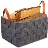 Relaxdays vilten mand - 26 x 40 x 30 cm - opvouwbare houtmand - met hengsels - donkergrijs