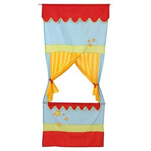 roba Poppentheater voor deurkozijnen, hout en stof, met geel gordijn, voor kinderen vanaf 3 jaar, blauw/rood