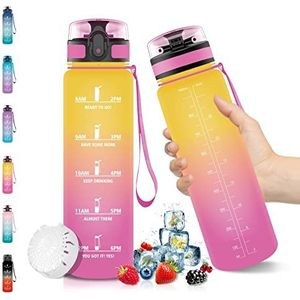 Waterfles, sportfles, 1 liter, BPA-vrij, waterdicht en herbruikbaar, drinkfles: te openen met één klik, geschikt voor fitnessstudio, yoga, kamperen, wandelen