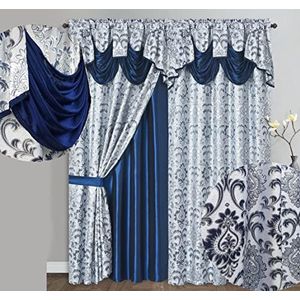 GOHD Samba Star Set van 2 jacquard raamgordijnen met fancy valance bevestigd en taft achterkant, marineblauw, 137 x 229 cm (b x h)