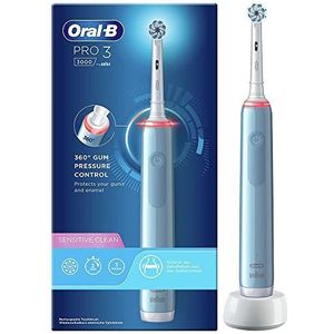 Oral-B Pro 3000 Elektrische tandenborstel oplaadbaar met 1 greep druksensor en 1 tandenborstel Sensitive Clean, blauw, 3D-technologie, verwijdert tot 100% tandplak
