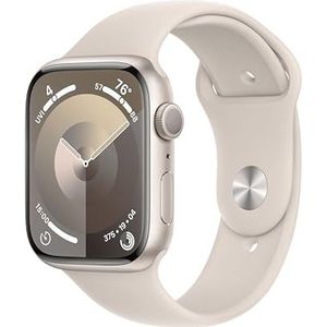 Apple Watch Series 9 (45 mm GPS) Smartwatch met aluminium behuizing en witte (starlight) sportarmband (M/L). Track fysieke activiteit en zuurstof in het bloed en ECG, waterbestendig, altijd actief