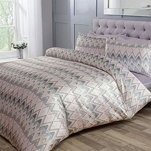 Sleepdown Luxe dekbedovertrekset met dekbedovertrek en kussensloop, geometrisch patroon, zacht roze en grijs, voor eenpersoonsbed (135x200cm)