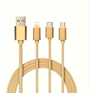 Shot Case 3-in-1 kabel voor Samsung Galaxy J6+ Android, Apple & Type C, adapter micro-USB, Lightning 1, 5 m, metaal, nylon (goudkleurig)