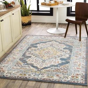 Surya Casablanca - Vintage boho traditioneel tapijt voor woonkamer, hal, keuken - onderhoudsvriendelijk - 160 x 213 cm - bruin en blauw