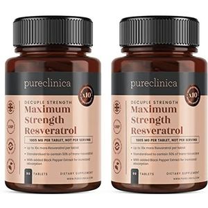 Resveratrol 1000 mg x 180 tabletten (2 flessen van 90 tabletten - 6 maanden voorraad). 10 x concentratie en zwarte peperextract voor snellere absorptie.