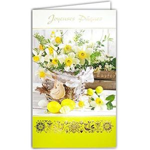 Afie 12-693 Vrolijke kaart in goud, glanzend, met witte omslag – bloemen narcissen eieren geel groen lente party