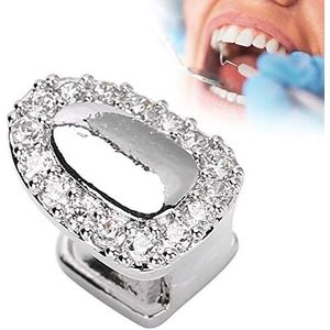 Enkele tanden, hiphop bling, vergulde tanden met unieke ronde diamant, grillpet voor je tanden, mannen, vrouwen, hiphop, sieraden, cadeau (zilveren diamant solaritaire portaal)