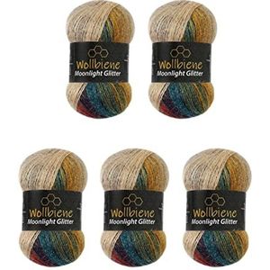 Wollbiene Moonlight Glitter Batik Simli Breiwol, 5 x 100 g, 500 g, voor breien en haken, 20% metallic wol, Turkse wol, kleurverloop, 3050, okergroen