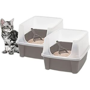 Iris Ohyama, kattenbak, kunststof toilet met draaggreep en schep, L 48,5 x D 38 x H 30 cm, 2 stuks, verhoogde randen, voor katten, CLH-12, taupe