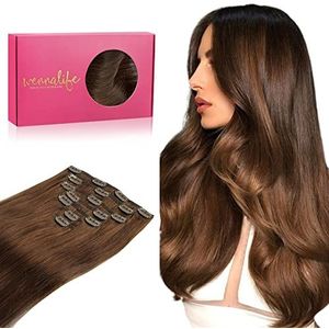 WENNALIFE Clip-in haarverlengingen met echt natuurlijk haar, 35,5 cm, 120 g, chocoladebruin, 7 stuks