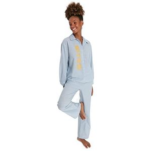 Trendyol Geweven pyjamaset voor dames met slogan (2 stuks), blauw, 62, Blauw