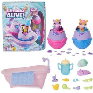 Hatchimals Alive, Make a Splash, Set met 15 accessoires, badkuip, 2 minifiguren die van kleur veranderen in eieren die vanzelf uitkomen, speelgoed voor meisjes en jongens