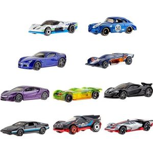 Hot Wheels HMK47 Set van 10 raceauto's, authentieke ontwerpen en decoraties, om te verzamelen, speelgoed voor kinderen, vanaf 4 jaar