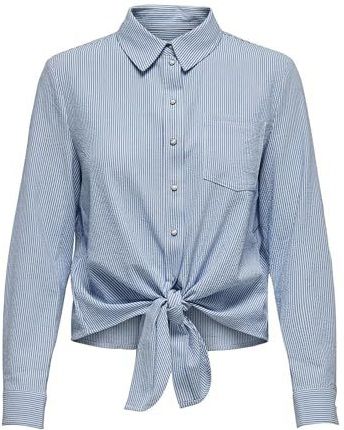 ONLY Onllecey Ls Stripe Knot Dnm Shirt Noos Damesblouse, Cloud Dancer/strepen: middenblauw.