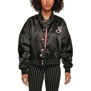 STARTER BLACK LABEL Collegejas voor dames, bomber met geborduurd logo en patch op de zoom, geribbelde kraag, contrasterende knopen, maten XS-XXL, zwart.