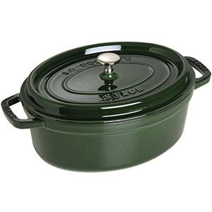 STAUB Geëmailleerde gietijzeren stoofpan met deksel, voor alle warmtebronnen inclusief inductie, 5 tot 6 personen, ovaal, 31 cm, 5,50 l, 7 kg, groen/basilicum