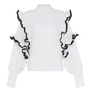 faina Pull en tricot vintage pour femme avec bordure à volants Blanc Taille XL/XXL, Blanc cassé, XL