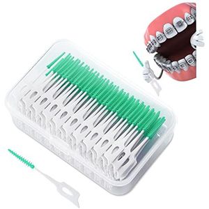 TSHAOUN 200 stuks siliconen interdentale borstels, dubbel doel voor mondreiniging, tandenstoker, tandenborstel met opbergdoos, gebitsbescherming, groen