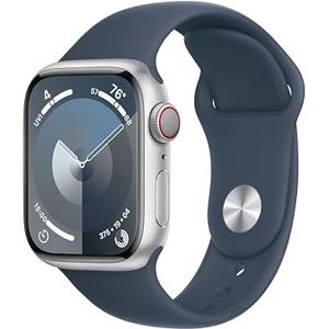 Apple Watch Series 9 (41 mm GPS + mobiel) met zilverkleurige aluminium kast en stormblauwe sportband (S/M) tracker voor fysieke activiteit, apps voor zuurstof in het bloed en ECG, waterbestendig