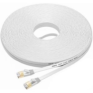 FOSTO Cat7 Ethernet-kabel, 30 m, categorie 7, plat, RJ45, hoge snelheid, 10 Gbit/s, internet, voor Xbox, PS4, modem, router, switch, pc, tv-box, 15 m, wit