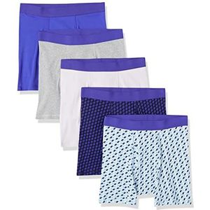 Amazon Essentials Set van 5 boxershorts zonder etiket voor heren, grijs/koningsblauw/wit/gemengde print, rugbyprint, maat S