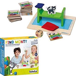 Beleduc Vind Monty Zoek en vind spel – kinderen vanaf 4 jaar – 34 houten kaarten kat Monty, spelconsole, kubus – + 2 tot 5 spelers – geheugenspel en ruimtelijke waarneming – educatief, speels