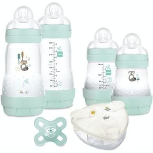 MAM MAM Easy Start Anti-Colic babyflessen, 4 babyflessen + 1 fopspeen + 1 melkdoseerder, babyset met ultrazachte fopspeen en ideaal geboortecadeau, kleur: aqua