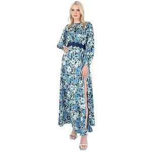 Lovedrobe Lange jurk met lange mouwen van bloemensatijn voor dames - Ronde hals - Empire - A-lijn - Trouwjurk, Blauw