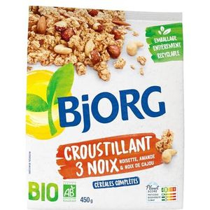 BJORG - Biologische granen, knapperig, 3 noten, met volgranen – rijk aan vezels – zak van 450 g