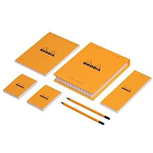 RHODIA 9200C – Set van 4 notitieblokken, geniet, oranje, 1 x nr. 8 + 2 x nr. 11 + 1 x nr. 16 – 22,8 x 18 cm – kleine ruitjes – 80 vellen afneembaar, helder papier, 80 g/m? – Basics