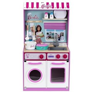 Theo Klein 7312 Barbie houten keuken met geïntegreerd poppenhuis, 2-in-1, speelkeuken met fornuis, wasmachine en accessoires, speelgoed voor kinderen vanaf 3 jaar