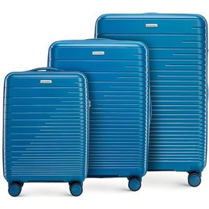 WITTCHEN Fuerta Line Koffer van polypropyleen met glanzende riemen, 4 dubbele zwenkwielen van aluminium, telescopische handgreep, TSA-slot, Blauw, Set van 3 koffers