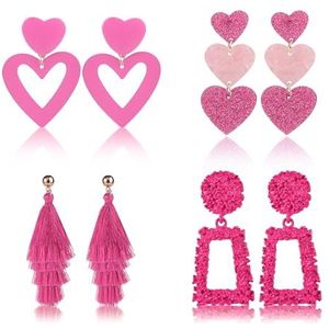 4 paar roze oorbellen, hart oorbellen roze pompons oorbellen rechthoekige hangende oorbellen voor dames vriendin Valentijnsdag, ijzer, legering, acryl, Geen edelsteen