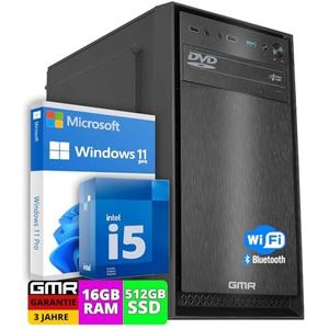 Multimedia-pc met Intel Core i5 - Snelle rekenmachine + computer voor kantoor en thuiskantoor | 16 GB RAM | 512 GB SSD | DVD+RW | USB3.0 | WiFi 600 en Bluetooth 5 | Windows 11 Pro | Garantie