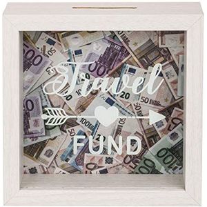 Out of the blue 144319 Spaarpot van hout, Travel Fund, wit, 15 x 15 cm