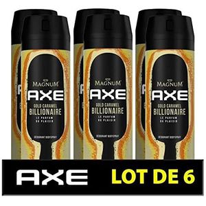 Axe Deodorant voor heren, bodyspray, magnum goud, karamel, miljonair, 48 uur, non-stop, fris, 6 x 200 ml