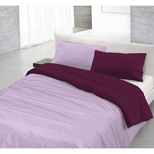 Italian Bed Linen Beddengoedset met dekbedovertrek en kussensloop, dubbelzijdig, effen, 100% katoen, lila/pruim, klein tweepersoonsbed