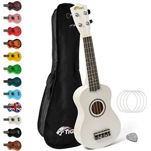 TIGER UKE7-WH Sopraan ukelele voor beginners, met draagtas, vilten plectrum, set reserveringstouwen en met een set Aquila touw - wit