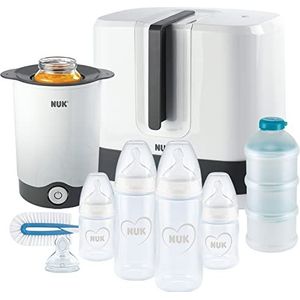 NUK First Choice complete voedingset | Vario Express sterilisator, 4x babyflessen, 1x extra fopspeen, flessenwarmer en meer | kern (neutraal) | 9-delig