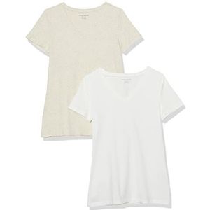 Amazon Essentials Dames-T-shirt, korte mouwen, V-hals, klassieke pasvorm, havermout gemêleerd/wit, maat XS