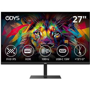 ODYS i27 69 cm (27 inch) frameloze Full HD-monitor met pc-modus (1920 x 1080 pixels, 100 Hz, HDR-ondersteuning, IPS-paneel, gratis synchronisatie, HDMI, USB-C, 3,5 mm audio)