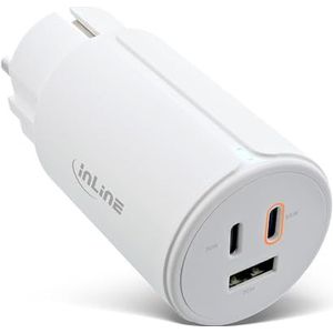 InLine Chargeur USB 3 ports, 2 ports USB-C, 1 port USB-A, technologie GaN, 65 W, PD3.0, QC 3.0, bloc d'alimentation pour MacBook Pro/Air, iPhone/Pro/Mini, iPad Pro, Pixel et plus encore, blanc